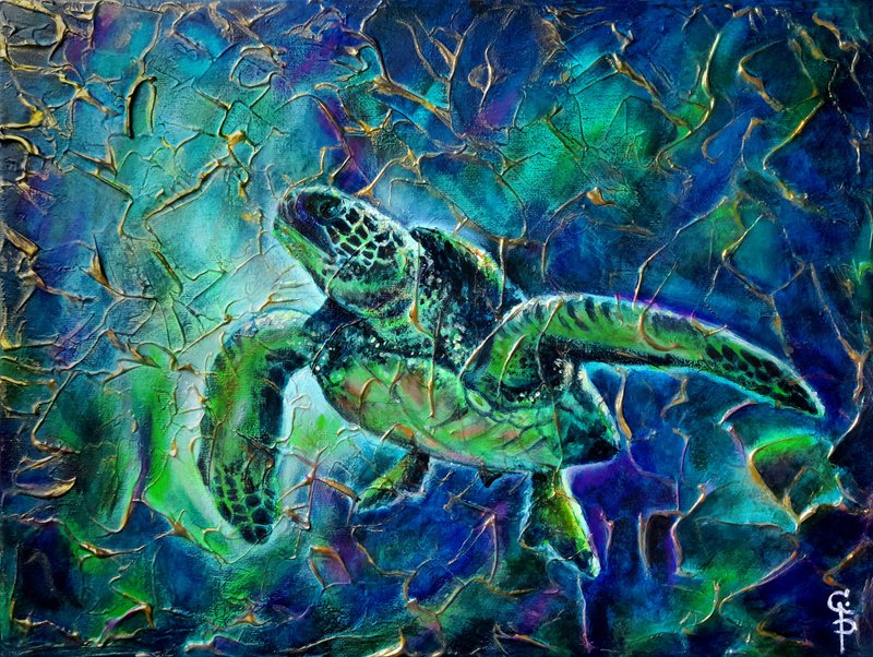 Turtle painting Underwater Oil Original Artwork Abstract Sea life Art on canvas - 壁貼/牆壁裝飾 - 其他材質 藍色