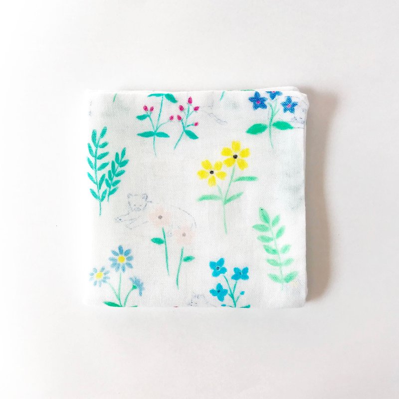 ねこと花のふわふわガーゼハンカチ -オリジナルデザイン- - 手帕 - 棉．麻 藍色