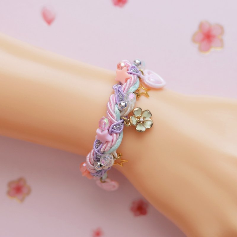 Mint Sakura braided bracelet with hearts and stars - Bracelets - Polyester Pink