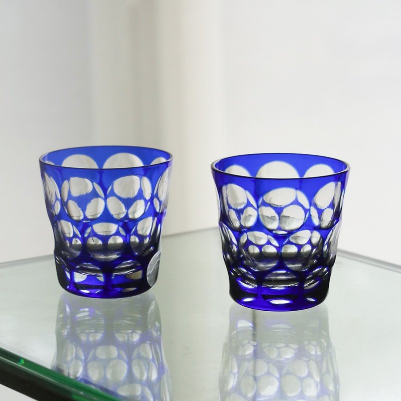 日本直輸 切子玻璃對杯 威士忌酒杯 飲料 水杯 - 酒杯/酒器 - 玻璃 藍色