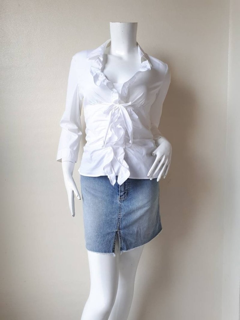 Prada White blouse medium | 90s minimal cotton bow tie shirt Size 46 - Women's Shirts - Cotton & Hemp 