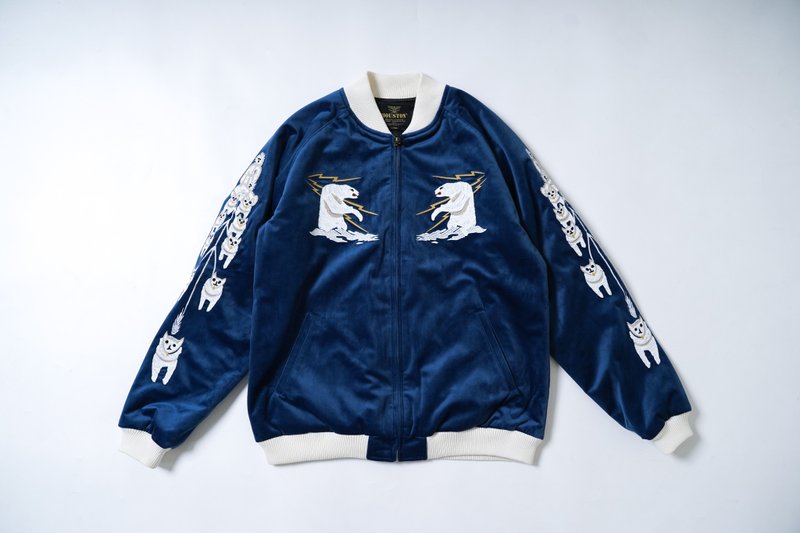 照舊古著 HOUSTON JAPAN  絲絨刺繡夾克阿拉斯加大山羊海軍 - 男夾克/外套 - 其他材質 