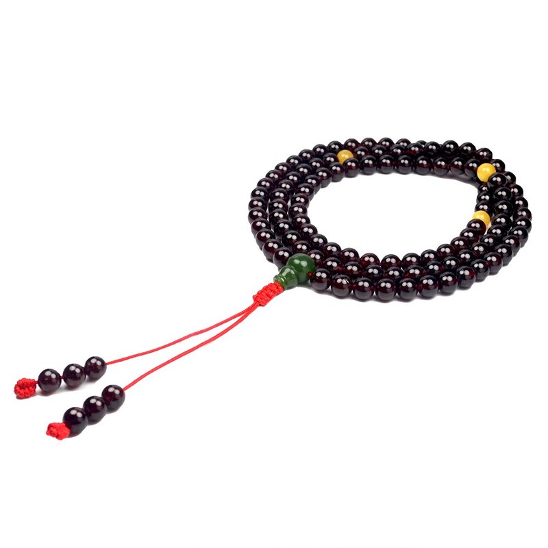 Garnet Wine Garnet 108 Prayer's Bead with Nephrite Jade and Amber Beads - สร้อยข้อมือ - เครื่องประดับพลอย สีแดง