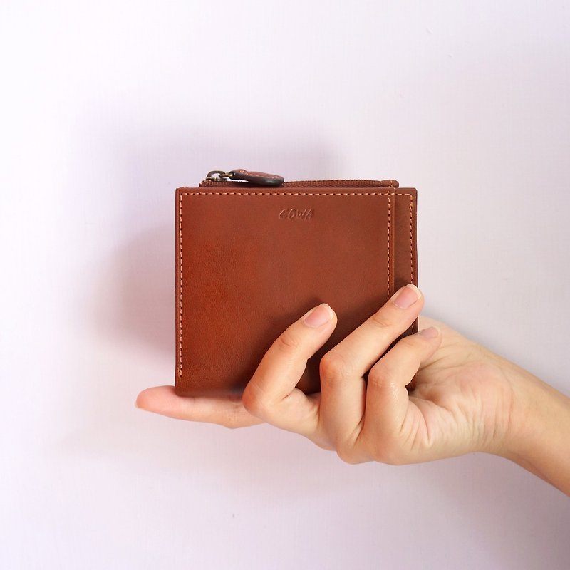 Single side zipper short clip - Wallets - Genuine Leather Brown