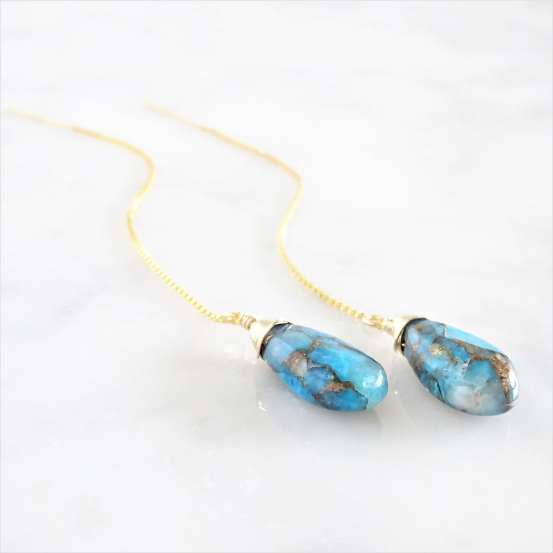 14kgf*Blue Paraiba Copper Turquoise American pierced earring - Earrings & Clip-ons - Gemstone Blue