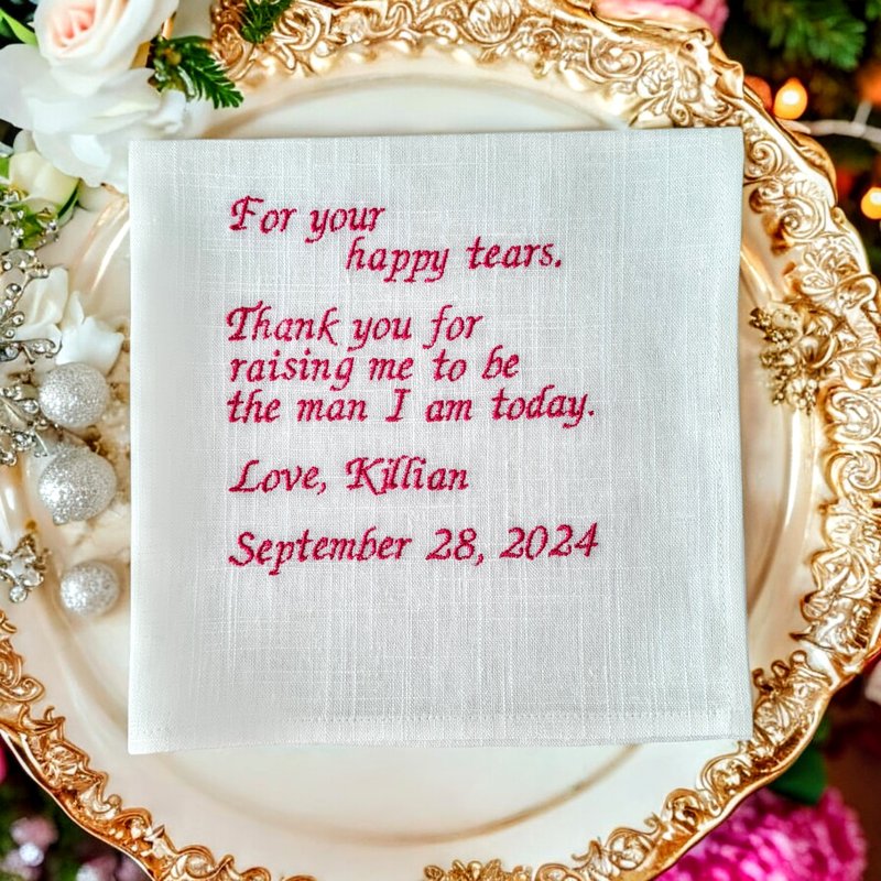 Handkerchief linen custom poem embroidered, Personalized Wedding hankie gift Mom - ผ้าเช็ดหน้า - ลินิน ขาว