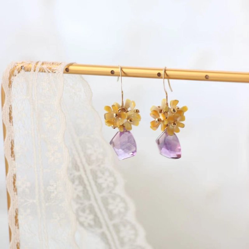 [Laurel Song] 14KGF Osmanthus Amethyst New Chinese Cheongsam Earrings - ต่างหู - เครื่องประดับพลอย หลากหลายสี