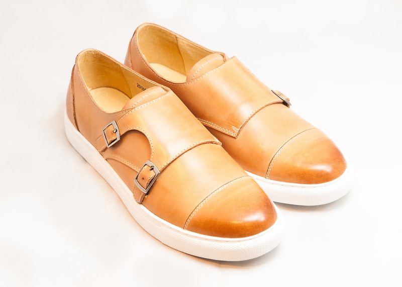 Hand-painted calfskin capto casual monk shoes men's shoes-caramel-E2B03-89 - รองเท้าอ็อกฟอร์ดผู้ชาย - หนังแท้ สีนำ้ตาล