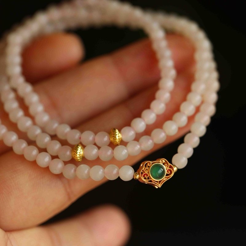 3mm natural Hotan jade/Hetian jade-lotus root jade chrysoprase Ruyi lock design necklace multi-ring hand - สร้อยข้อมือ - เครื่องเพชรพลอย สึชมพู