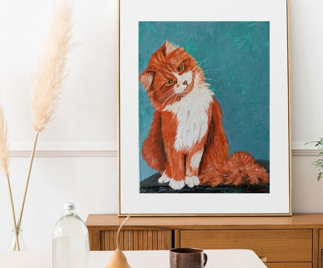 赤い猫のオリジナル動物アート 手描きのユニークな猫アート