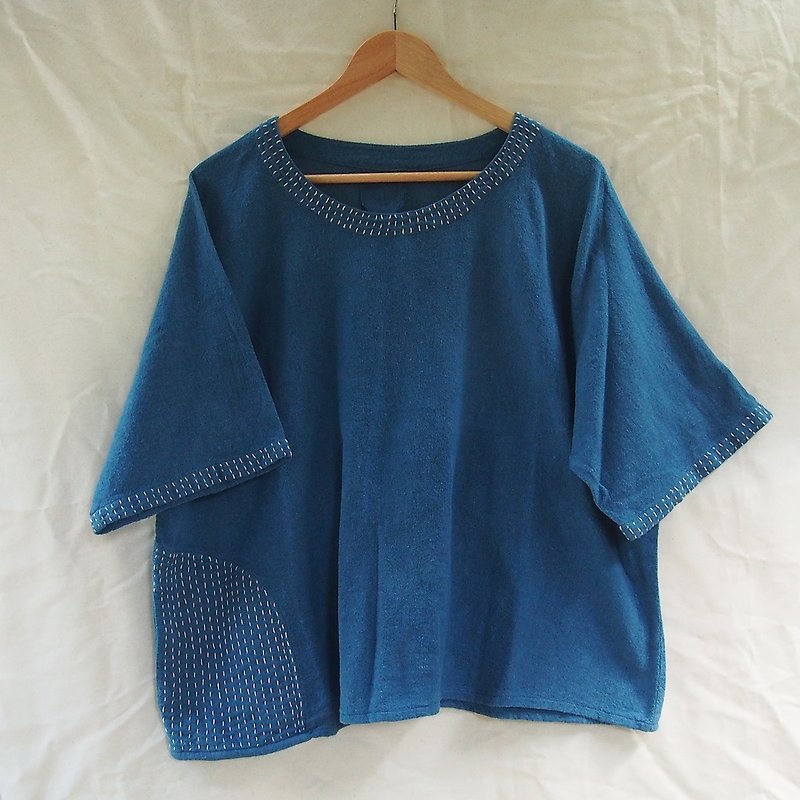 linnil: indigo cotton blouse with hand embroidery pocket - Overalls & Jumpsuits - Cotton & Hemp Blue