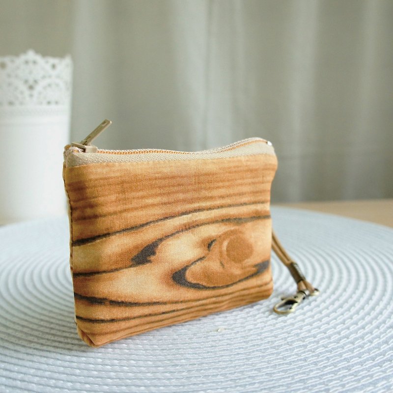 Lovely [Japanese Cloth] Wood Grain Zipper Short Key Case, ID Proximity Card Available, Light Coffee - Keychains - Cotton & Hemp Khaki