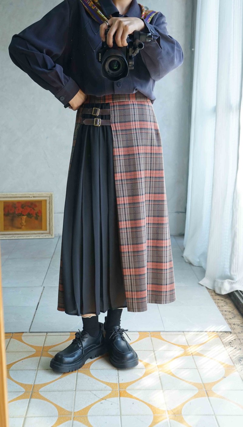 宝探しヴィンテージ-カレッジ風レンガレッドチェック柄切り替えプリーツロングスカート - スカート - ポリエステル ブラック