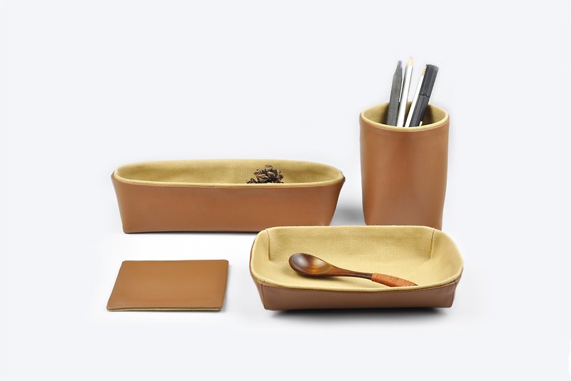 Desk Organization - Pencil Holder, Storage Box, Tray, Coaster, Brown - Storage - Faux Leather Brown