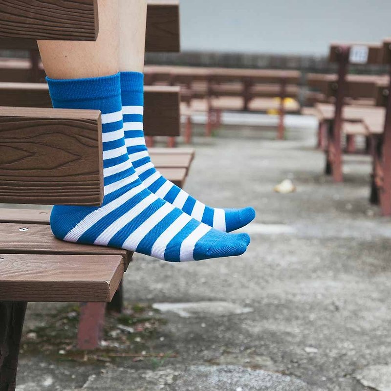 蘑菇MOGU/襪子/藍白條紋/蘑菇襪(10) - 襪子 - 棉．麻 藍色