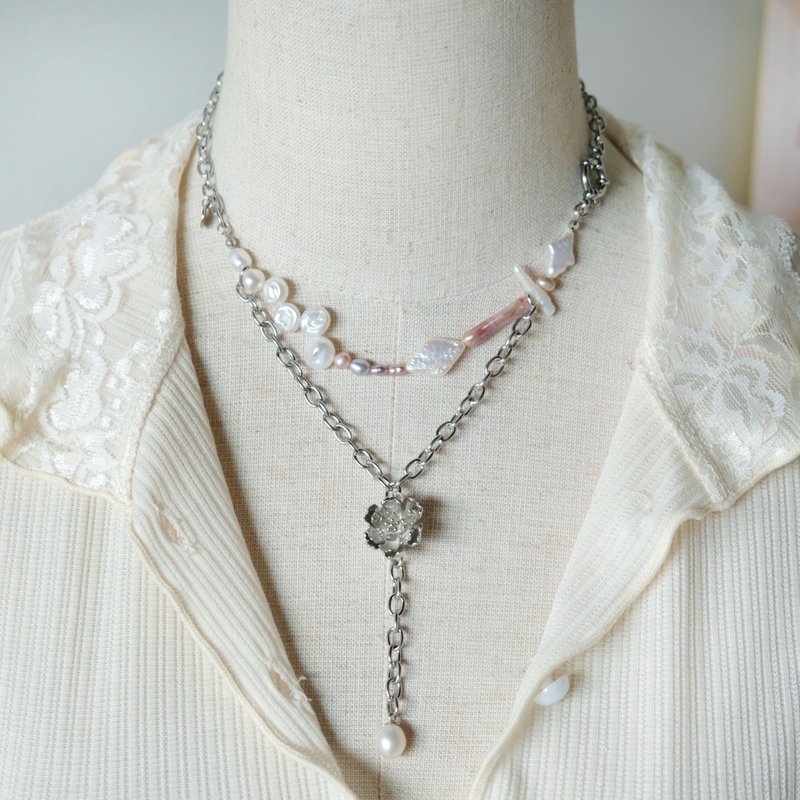 Rich Peony Baroque Freshwater Pearl Y-Shaped Necklace CHOKER C145 - Collar Necklaces - Pearl Silver