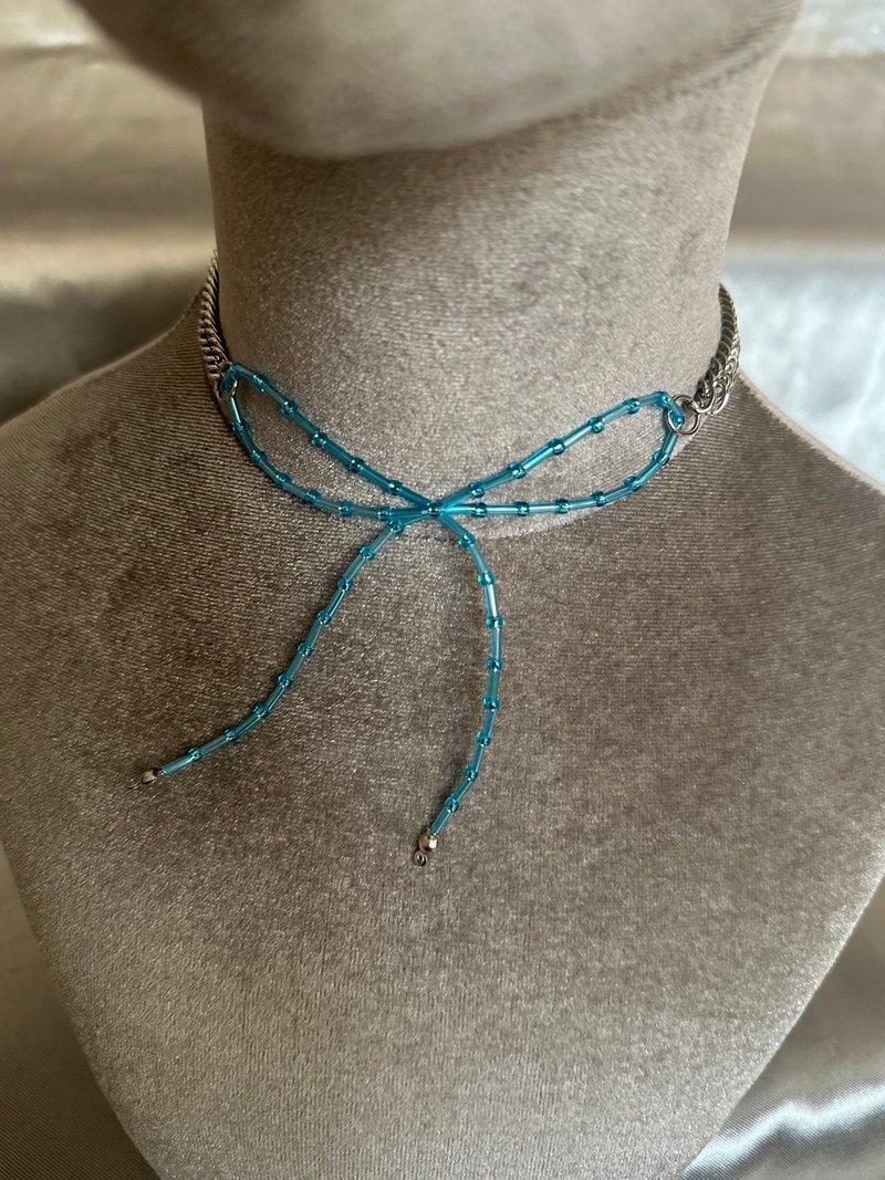 Bow neck necklace-semi-permeable aqua blue - Necklaces - Stainless Steel Silver