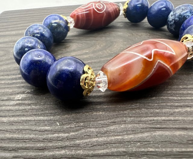 原礦老料青金石閃電五眼老纏絲措銀天珠瑪瑙手串/招財/送禮令藏齋