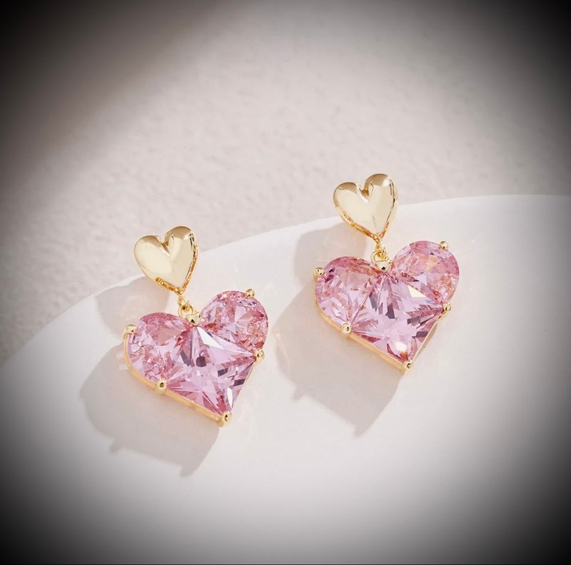 Sweet and cute pink love super flash Stone 14k gold s925 earrings - ต่างหู - เครื่องประดับ สีทอง