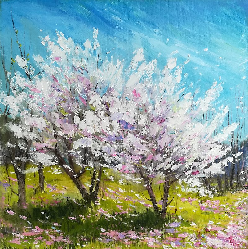 キャンバスに春の風景油絵オリジナル2本の木花の木のアートワーク - ウォールデコ・壁紙 - その他の素材 多色