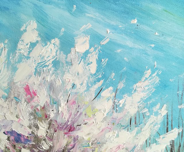 キャンバスに春の風景油絵オリジナル2本の木花の木のアート