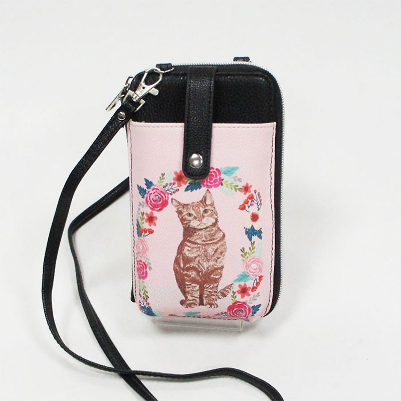玫瑰花貓咪童趣手機/錢包兩用斜背包 粉紅色 現貨販售 - 愛雪莉 - 側背包/斜孭袋 - 人造皮革 粉紅色