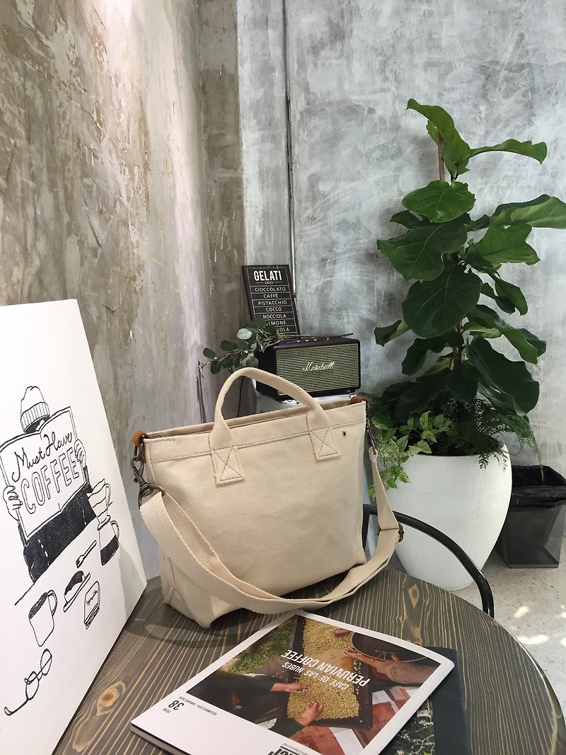 New Off-white Mini Simply Satchel Canvas Bag with zipper - กระเป๋าถือ - ผ้าฝ้าย/ผ้าลินิน ขาว