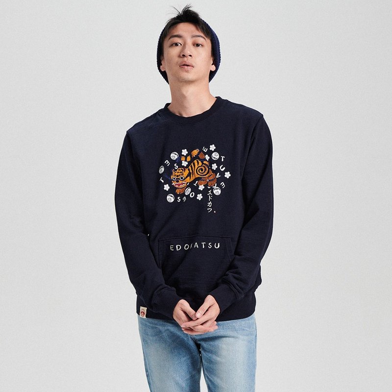 Edo Katsu Japanese style big tiger thick long-sleeved T-shirt - Men's (1cm blue) #Top - Men's T-Shirts & Tops - Cotton & Hemp Blue