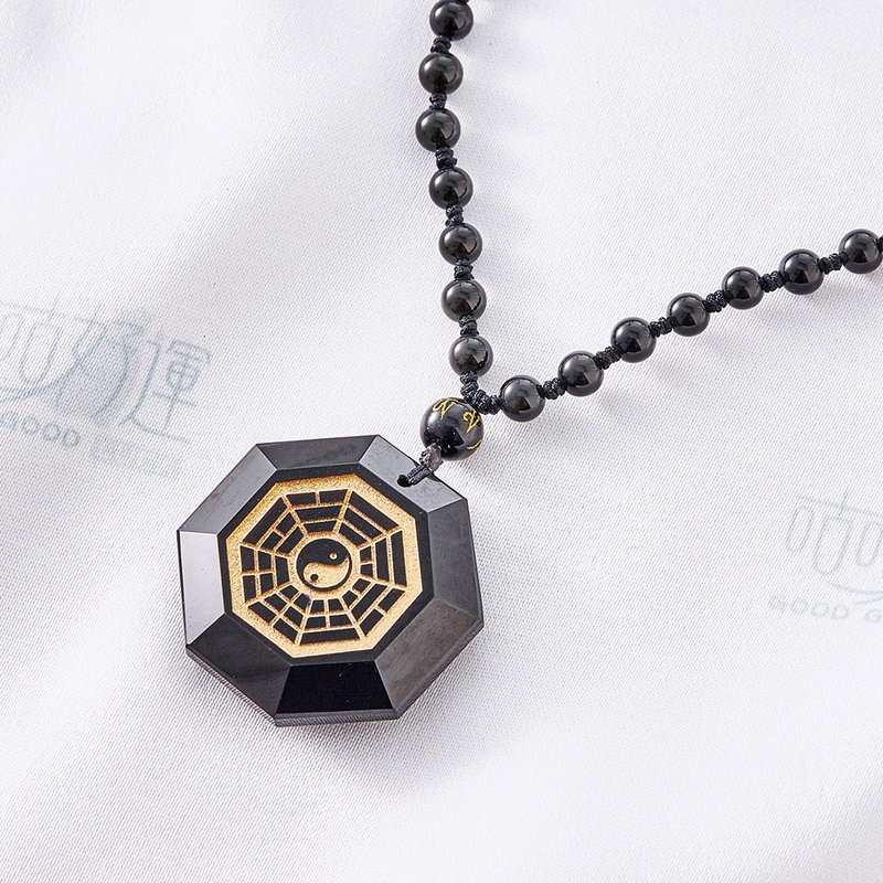 Obsidian Stone Eight Trigrams -Decoration or Necklace Use (Consecrated) - Necklaces - Gemstone Black