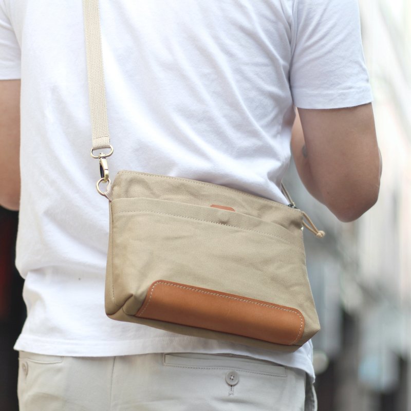 Simple carry-on bag/side backpack/crossbody bag Japanese canvas- Khaki - กระเป๋าแมสเซนเจอร์ - ผ้าฝ้าย/ผ้าลินิน สีกากี