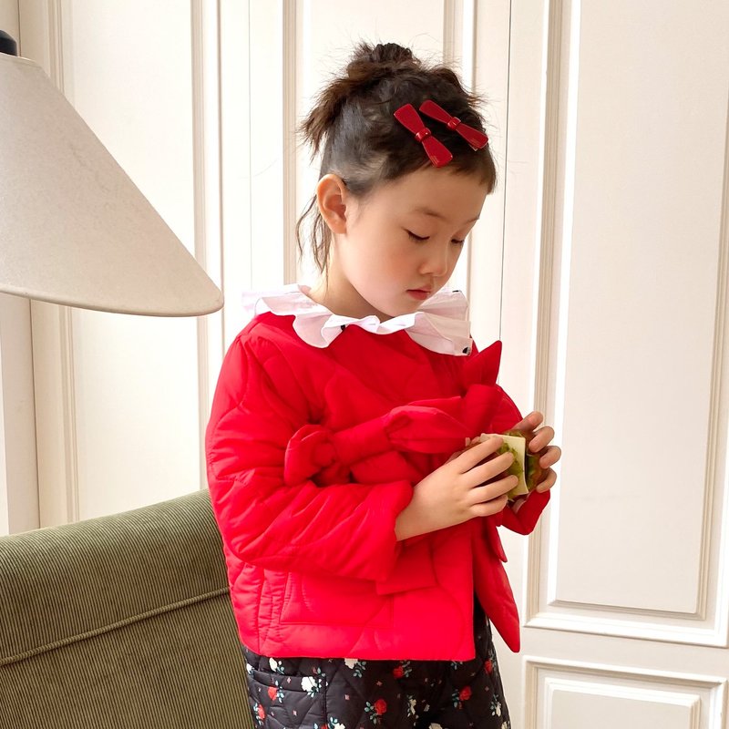 Red bow-knotted cotton coat/cotton coat, Christmas, New Year and New Year parent-child wear and children's wear - เสื้อโค้ด - วัสดุอื่นๆ สีแดง