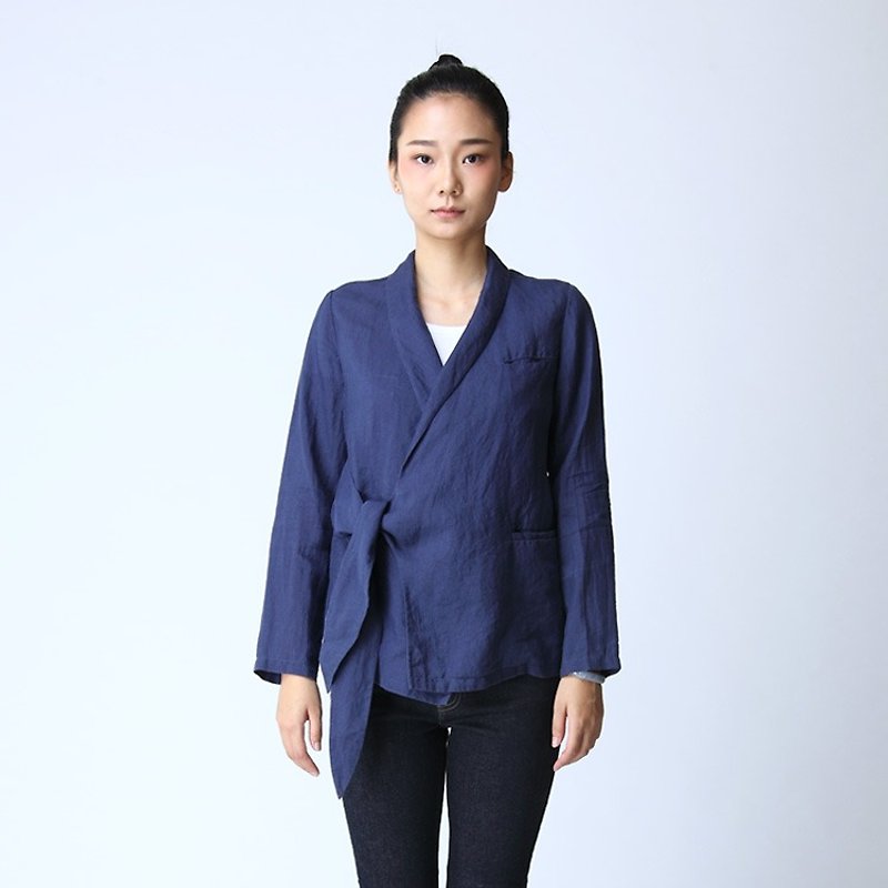 BUFU Chinese-style indigo ramie sunscreen shirt   O151201 - チャイナドレス - コットン・麻 ブルー