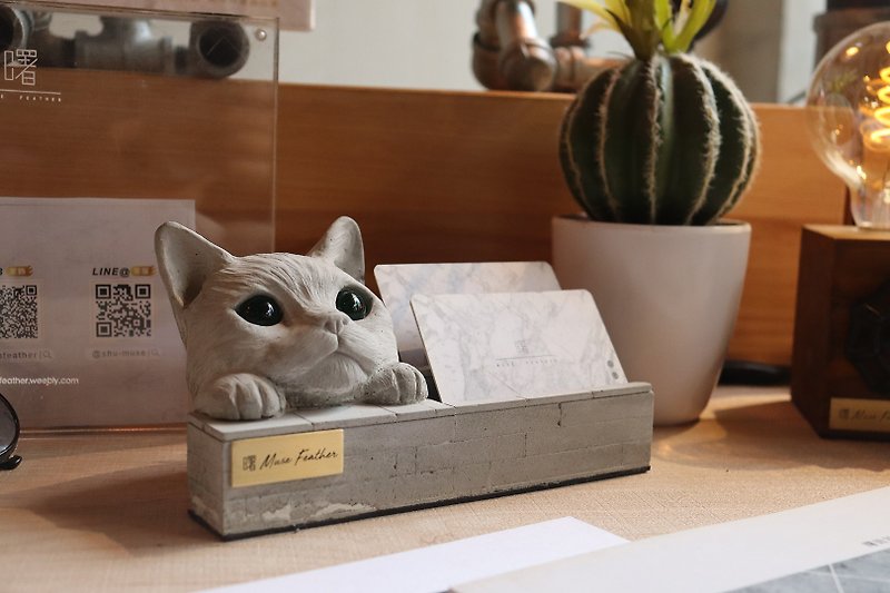 曙MUSE 貓咪雙層水泥名片架 手機架 辦公室 擴香石 手作 擺飾 - 卡片座/卡片架 - 水泥 灰色