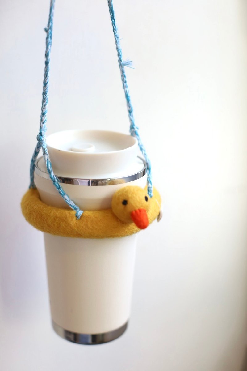 Wool felt duckling swimming ring drink bag cup cover suitable for cultural coins - Beverage Holders & Bags - Wool Yellow