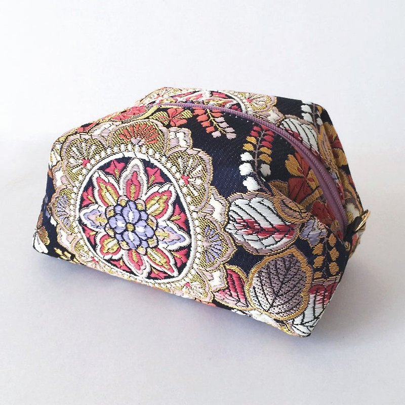 Pouch with Japanese Traditional Pattern, Kimono (Large) "Brocade" - Toiletry Bags & Pouches - Other Materials Black
