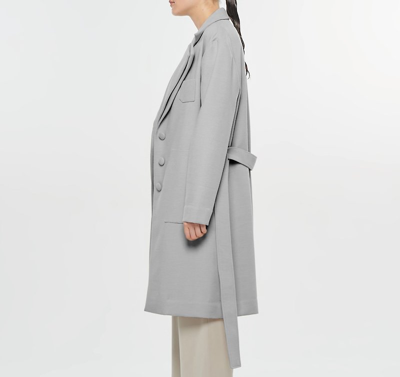 COAT Wool Grey Double Lapel - เสื้อสูท/เสื้อคลุมยาว - วัสดุอื่นๆ สีเทา