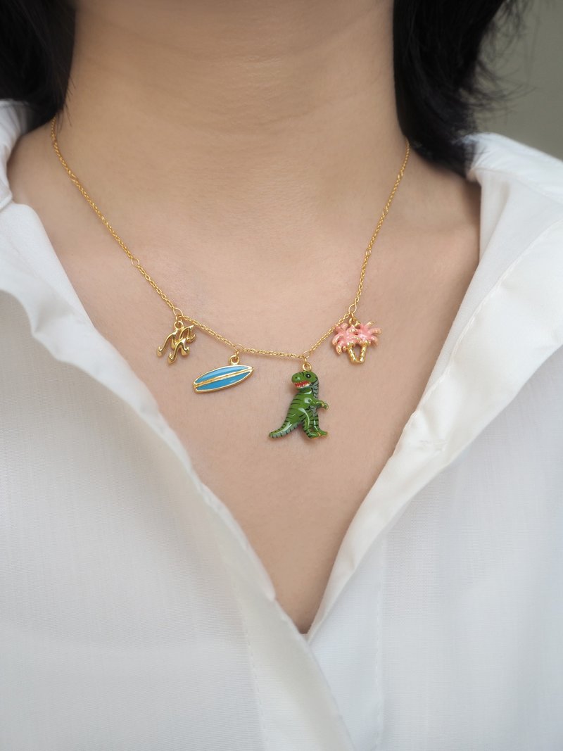 T-Rex Surfer Charms Necklace - T-Rex, Palm tree, Surfboard and Swell charms - 項鍊 - 純銀 金色