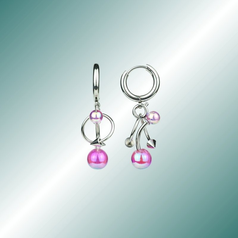 PIERCING Piercing Series Laser Light Purple Round Beads Pendant Earrings - Earrings & Clip-ons - Stainless Steel Purple