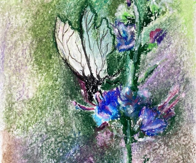抽象的な蝶と顔のパステル画 花の上の蝶 オイルパステル画 花の絵 風景ミニアート - ショップ
