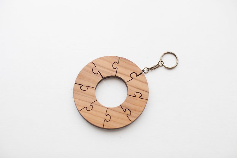 客製化原木柚木拼圖鑰匙圈- 圓形款8片組 - 鑰匙圈/鎖匙扣 - 木頭 咖啡色