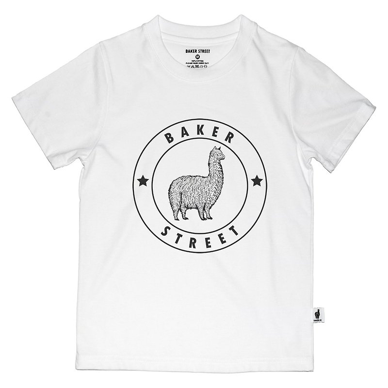 British Fashion Brand -Baker Street- Alpaca Stamp Printed T-shirt for Kids - เสื้อยืด - ผ้าฝ้าย/ผ้าลินิน ขาว