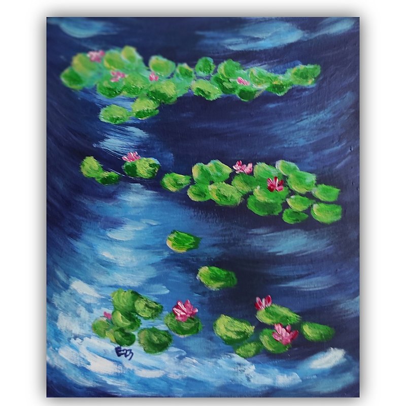 Original Painting Water Lilies Small Acrylic Painting Pond Water Lilies Handmade - Wall Décor - Other Materials Multicolor