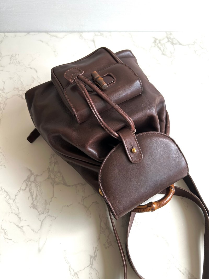 特選貨品 GUCCI中古二手竹節咖啡色雙肩包 後背包 背囊 古董包 - 後背包/背包/書包 - 真皮 咖啡色