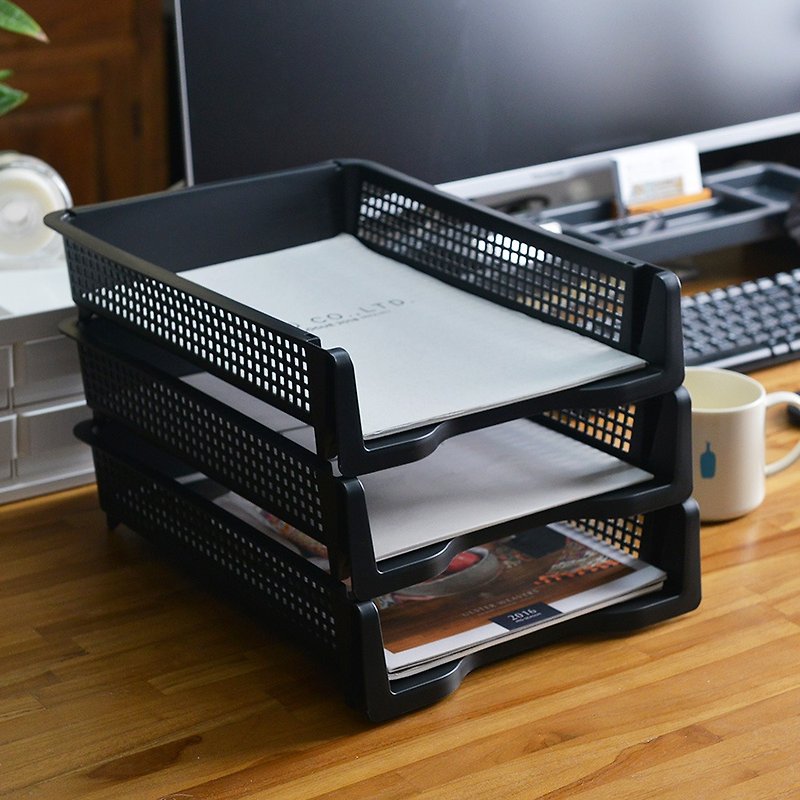 日本仲林 日製直式可層疊桌上用A4文件分類收納架-3入 - 收納箱/收納用品 - 塑膠 黑色