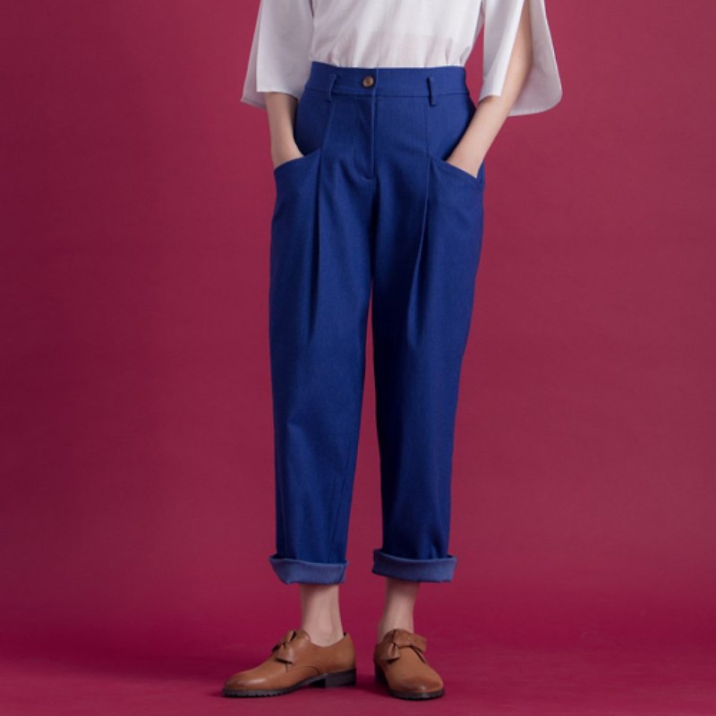 Mr. Long legs pocket modeling trousers - blue Dan - กางเกงขายาว - ผ้าฝ้าย/ผ้าลินิน สีน้ำเงิน