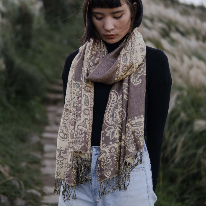 Indian Texture Amoeba Scarf - Khaki - ผ้าพันคอถัก - ขนแกะ หลากหลายสี