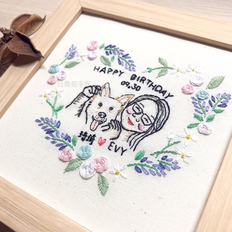 Customized - 2 people couple family portrait like Yan embroidered heart-shaped wreath flower embroidery decorative painting - Riqingyuan handmade - Customized Portraits - Other Materials 