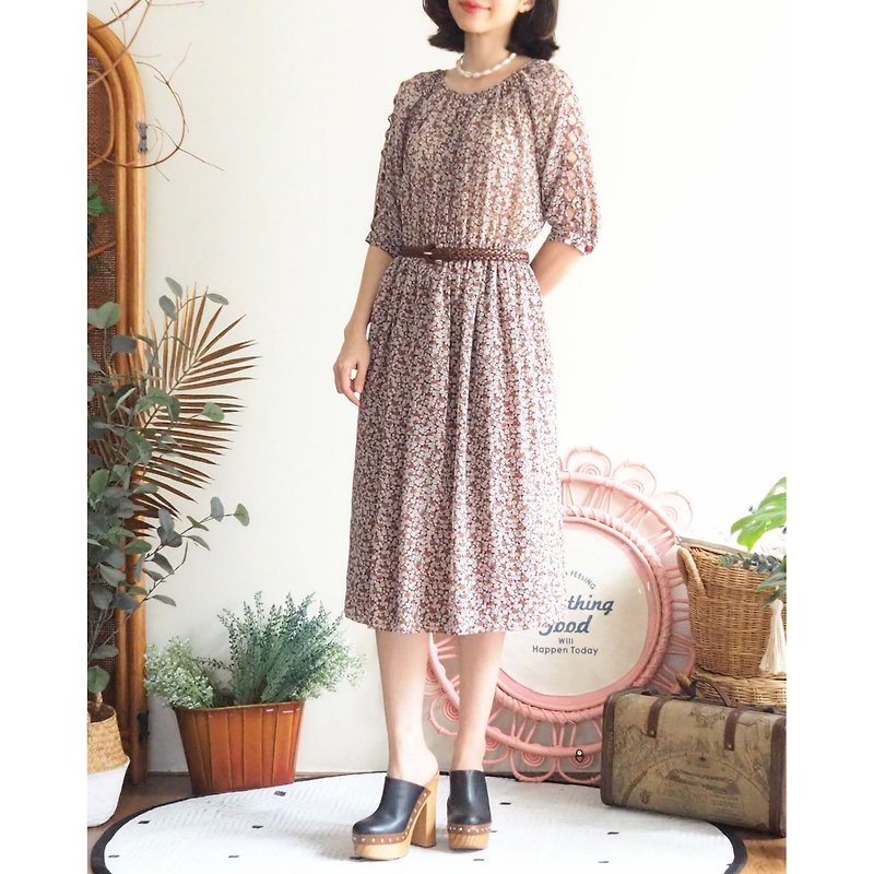 vintage dress weaving pattern on sleeve with flower print on brown color - One Piece Dresses - Polyester Brown