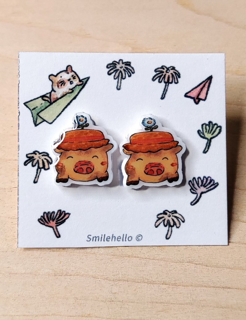 耳針/耳夾/耳環 手工製作 戴帽小豬(一對) - 耳環/耳夾/耳骨夾 - 其他材質 多色