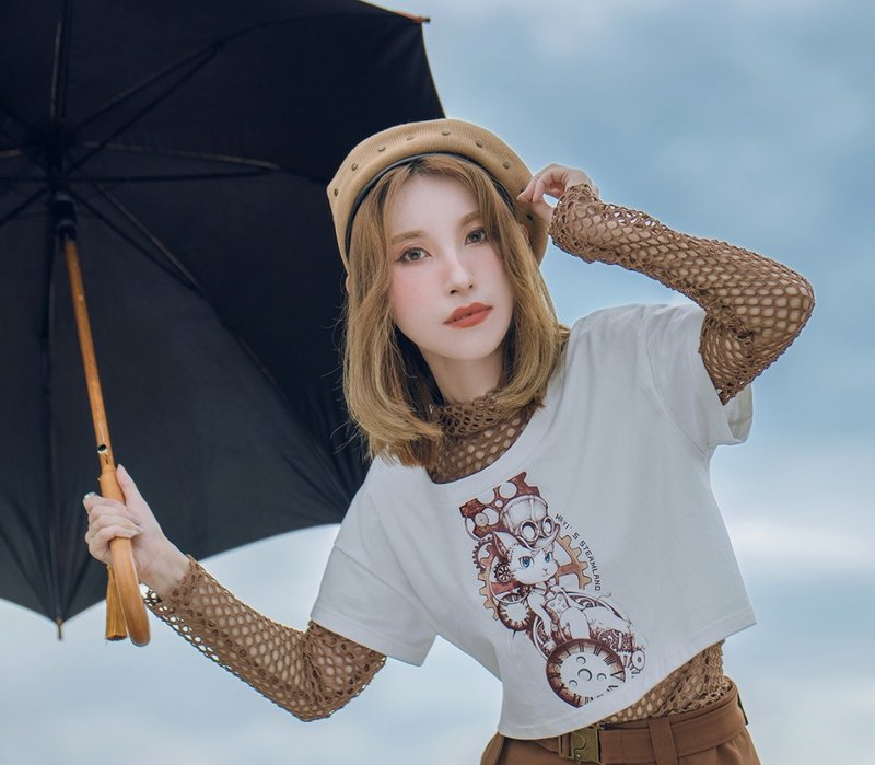 蒸汽朋克 T恤短袖 短款寬松 上衣 白色純棉 原創印花 蒸汽朋克貓 - 帽T/大學T - 棉．麻 白色